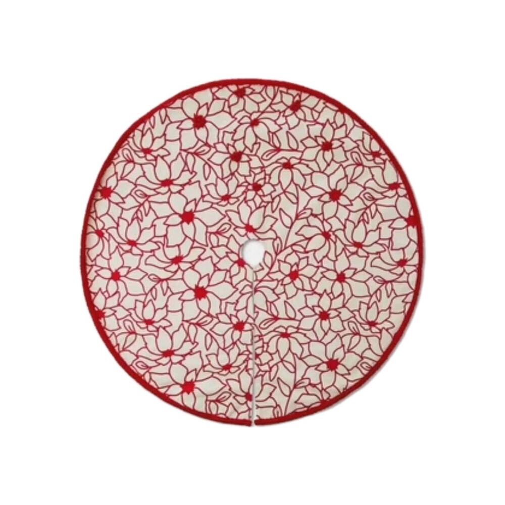NEW! Holiday Time Red Ivory White Poinsettia Christmas Tree Skirt 48" Rustic